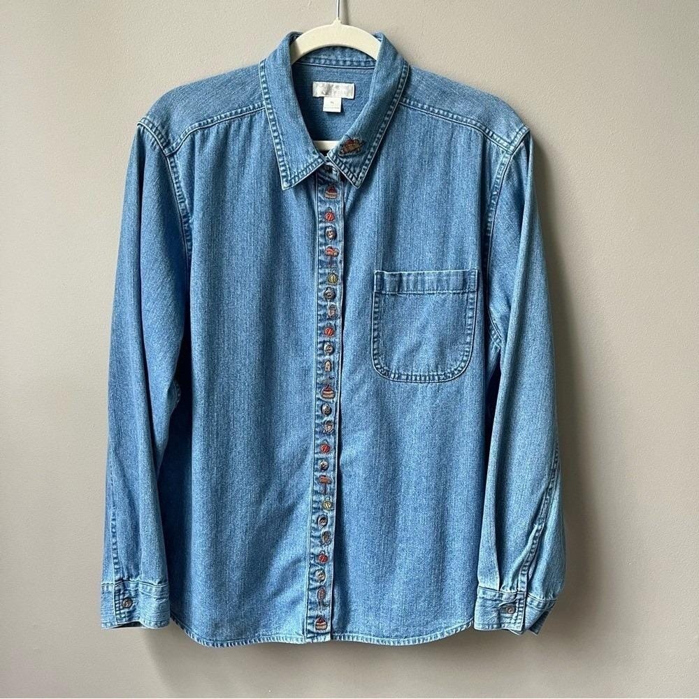 Vintage Shirt Women's Large Blue Denim Cotton Fall Pumpkins Acorns Cottage Top